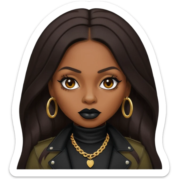 Foxy Brown, Rapper with dark brown long hair, black lip, black outfit sticker