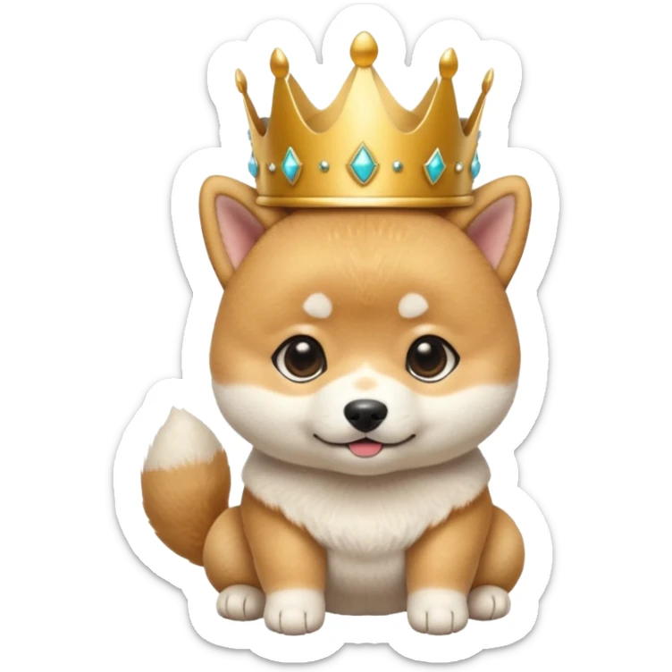 3 month old Shiba Inu puppy emoji, wearing small golden crown, cute royal expression, round body, soft fluffy fur, glossy eyes, bright pastel background, kawaii mascot style, centered composition, high quality render sticker