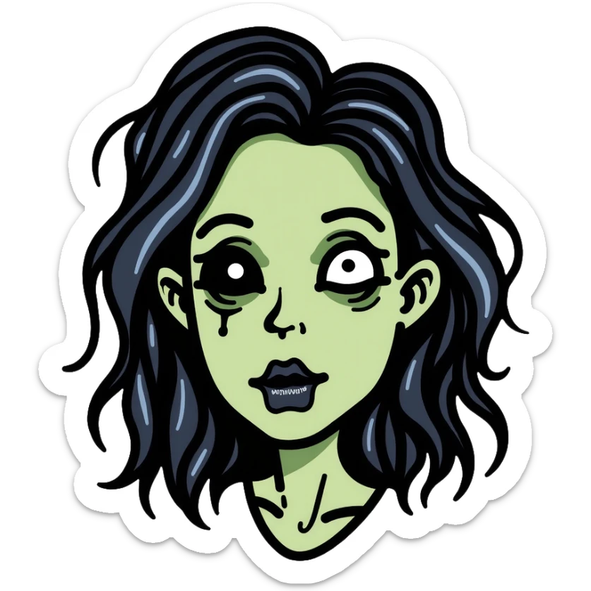 zombie girl with shoulder-length hair in transition, pale green skin, dark circles around eyes, messy hair sticker