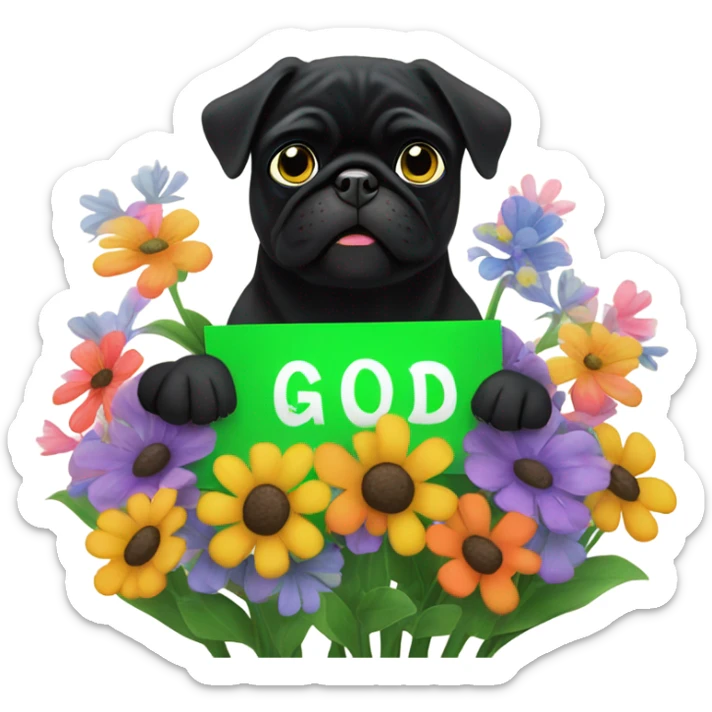 Black pug , surrounded by flowers, holding a green sign that says “good luck”  sticker