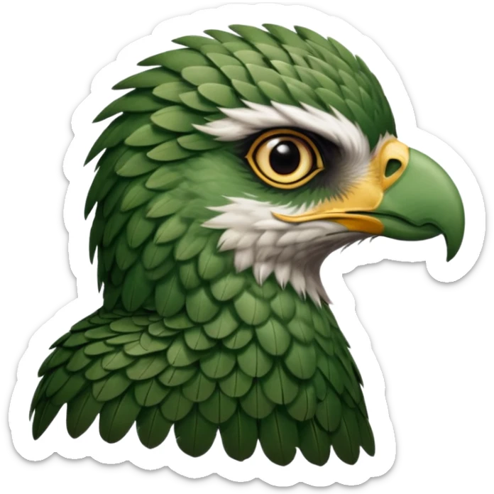 close up, zooming into the eye at the side profile of the face of a green hawk that is looking away from the camera sticker