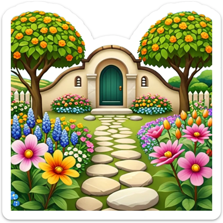 Still life, picturesque highly detailed garden adorned with diverse, vibrant flowers in full bloom, a pathway with beautiful stones, masterpiece,  dpi 300, 8k. sticker