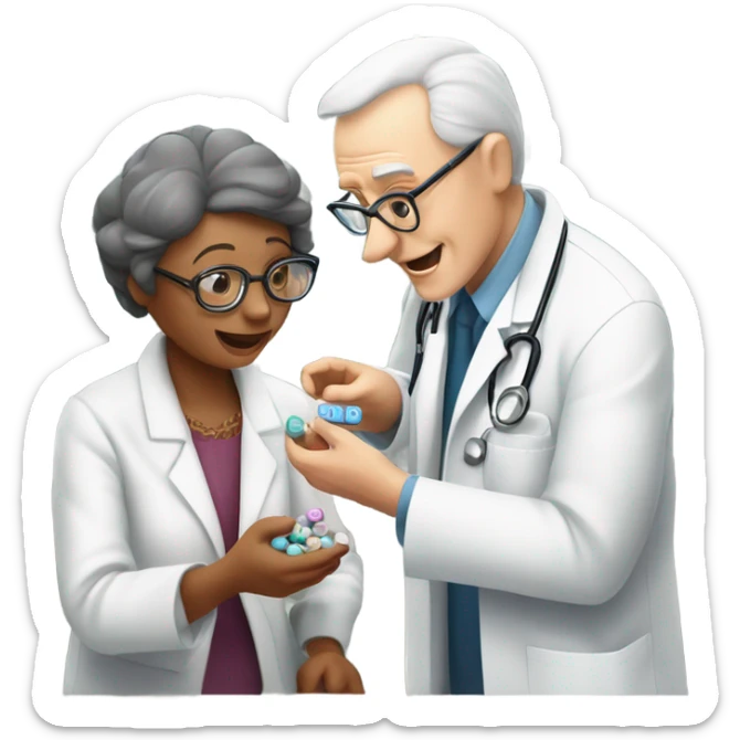 A Caucasian doctor with glasses serving 25 pills to an old woman ￼ sticker