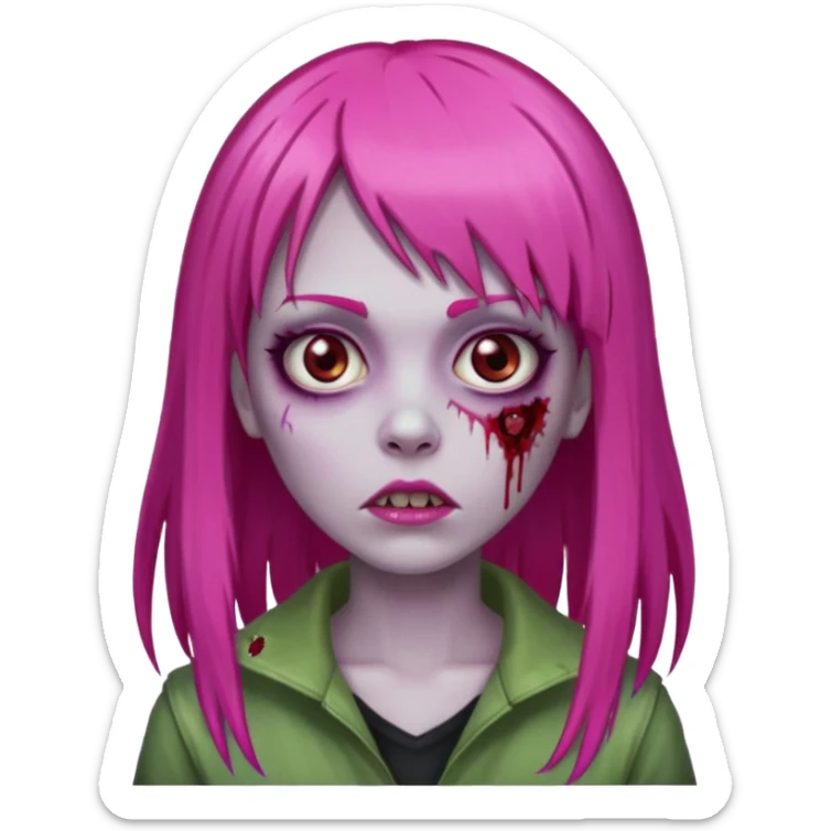 Create a female zombie emoji with long, straight hair in hot pink and bangs. sticker