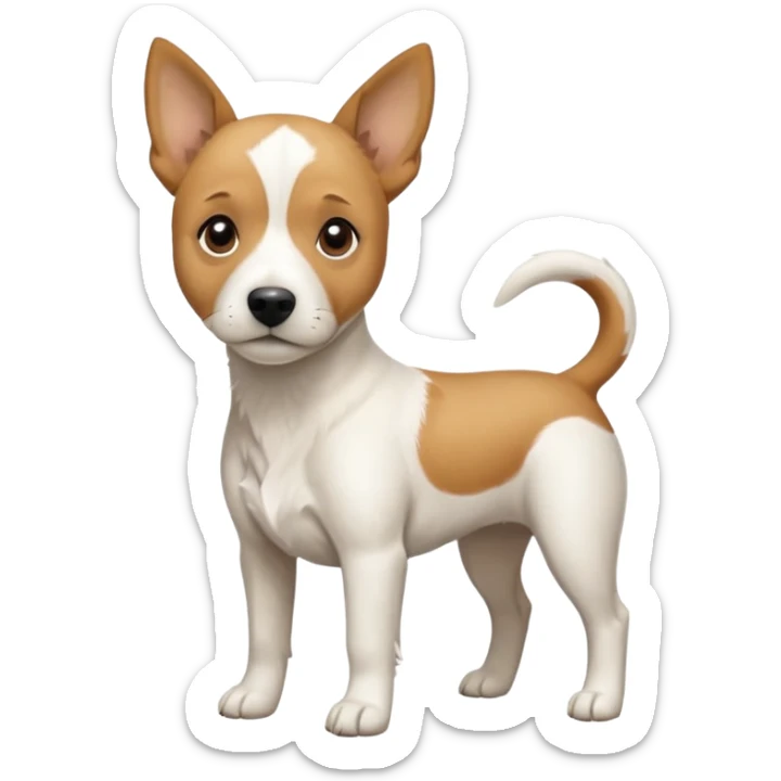 a full body facing front on of a buff white beagle cross jack russell terrier looking dog the size of a kelpie with light brown long ears resting on its face and a light brown patch above one eye and a large snout. the rest of the dog is completely white.  sticker