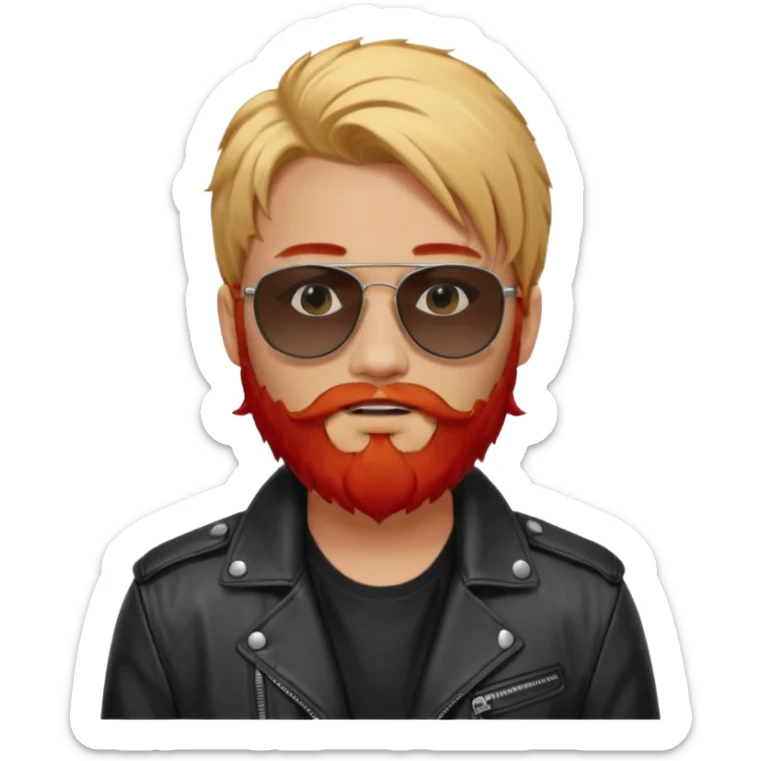 generate an ios genmoji of a 20 year old tan boy with black sunglasse Wearing a leather jacket. Has a dyed blonde beard and veryyyyy long red hair sticker