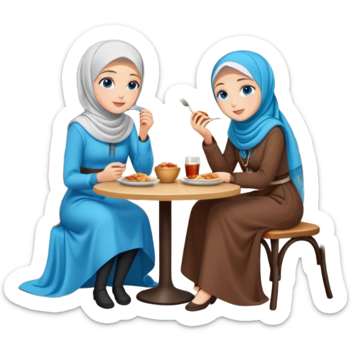 Turkish beautiful finish Konya girls blue eyes with lovely hijab long tail dress and the two friends sits on the chair on the ground and eating the food in the restaurant  sticker
