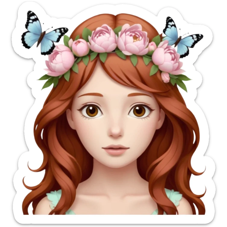 Woman with long flowing auburn hair wearing a pastel flower crown with pale pastel pink peonies and cream colored roses and butterflies in it sticker