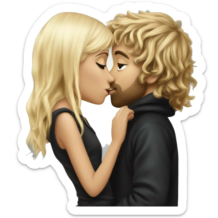 Pippin-hobbit wearing hoodie passionately kissing pretty blonde woman with black top sticker