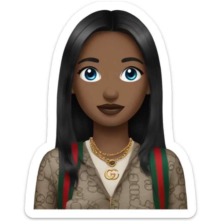 Girl with black hair and blue eyes wearing a gucci bag sticker