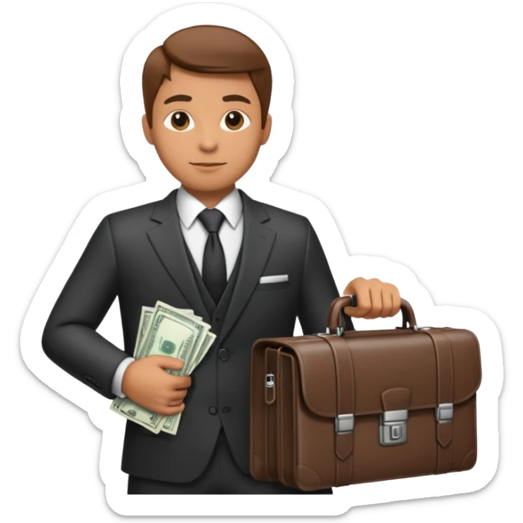 "Emoji of a rich CEO businessman, wearing a luxury suit and tie, holding a briefcase of money, confident and powerful." sticker