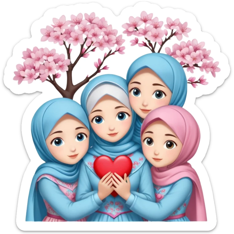 Four sister hugs Turkish girls beautiful finish Konya blue eyes with cherry blossom hijab and heart dress and hugs  sticker
