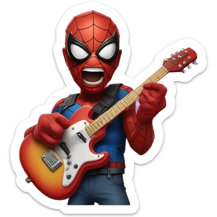 A Spider-Man with a electric guitar in his hands and his mask half off just showing his mouth with two piercings on the left and right edge of his underlip  sticker