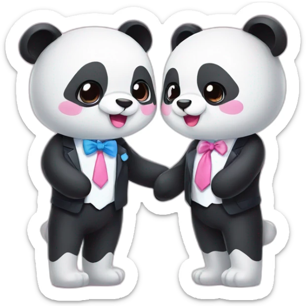 A cute couple panda that panda female has a pink ribbon and panda males has a blue tie sticker