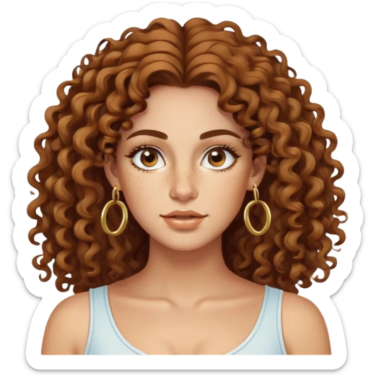 Attractive Greek woman with a wide face, freckles, long curly brown hair and gold hoop earrings sticker