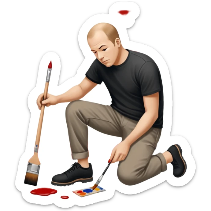 Jackson pollock the abstract artist leaning over to flick black white and red paint from a brush onto a canvas at his feet on the ground sticker