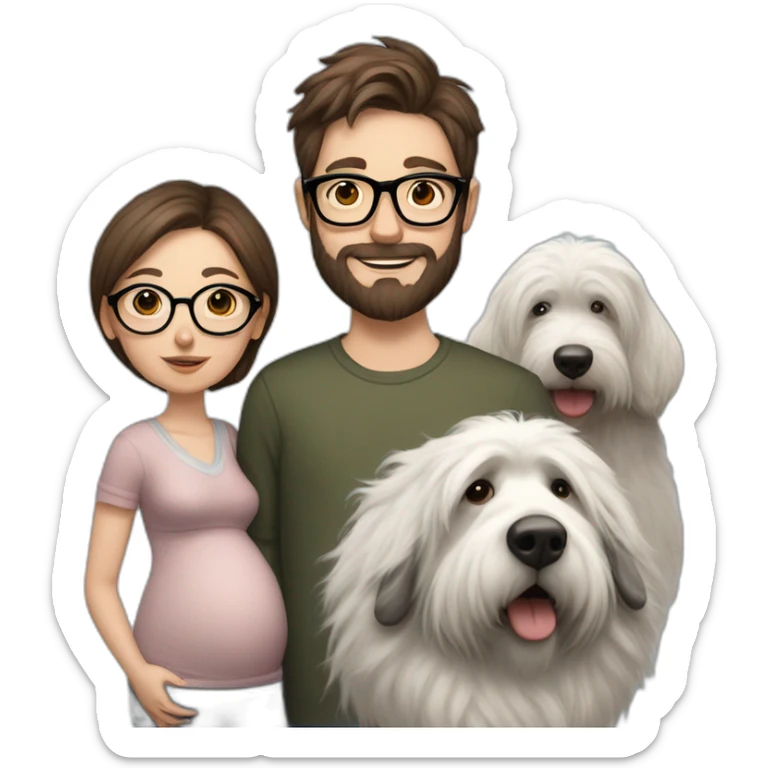 Hyperrealist Pregnant girl with half long brown hair with glasses, a boy with long beard, glasses and short hair and english sheepdog sticker