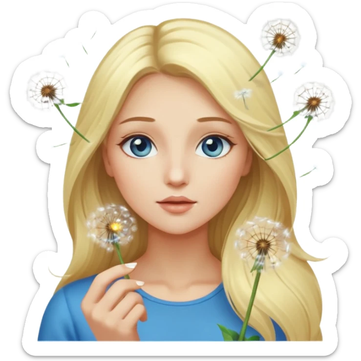 portrait woman long blonde hair blue eyes white skin blowing glowing dandelion seeds sticker