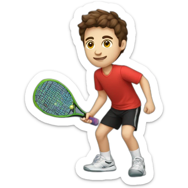 Young guy with brown hair playing pickleball full body red shirt black shorts  sticker