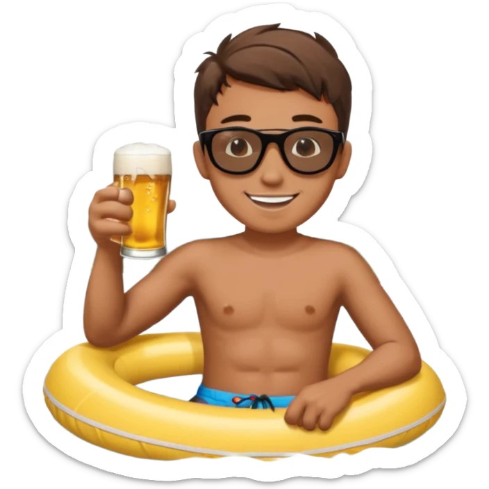 a young dude river tubing wearing sunglasses and swim trunks, drinking a beer sticker