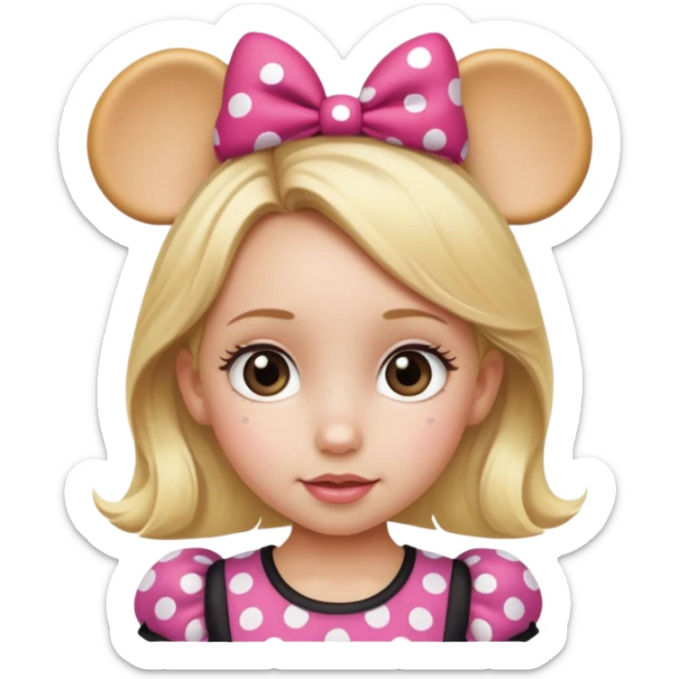 Little girl Hazel  eyes blonde hair polkadot Minnie mouse ears sticker