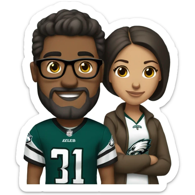 Brown guy and brown girl with glasses and hair in a bun in Philadelphia eagles clothes holding hands sticker