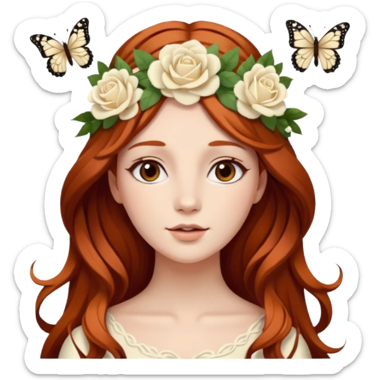 Woman with long flowing auburn hair wearing a flower crown with white and cream colored roses and butterflies in it sticker