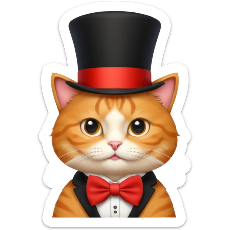 Cute emoji-style orange tabby cat wearing a black top hat with a red band and a red bow tie, big round eyes, fluffy fur, clean mascot style, centered, transparent background, 1:1 ratio. sticker