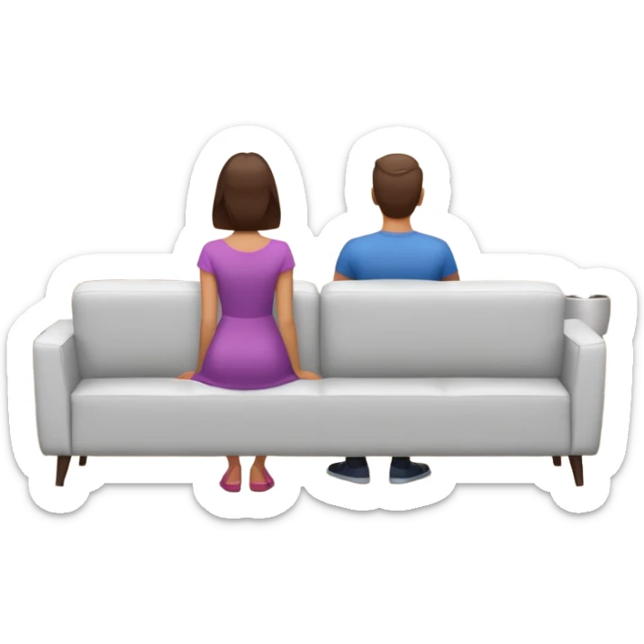 A man and a women photographed from behind, sitting on a sofa and watching the news on TV on a modern flat screen. The setting is a living room. sticker