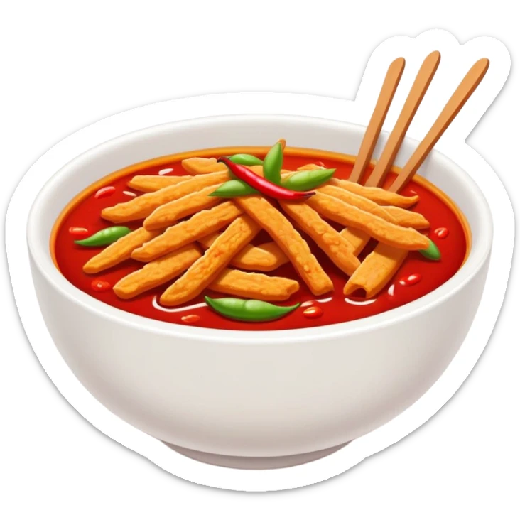 Spicy Gluten Strips in bowl with red chili oil, simplified emoji style with bold outlines and bright colors, cartoon style Chinese street food Mala Jisi sticker