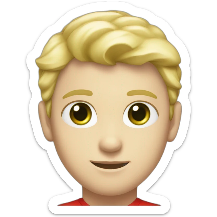 A boy with white skin, blond hair, green eyes, and wearing a red silk shirt sticker