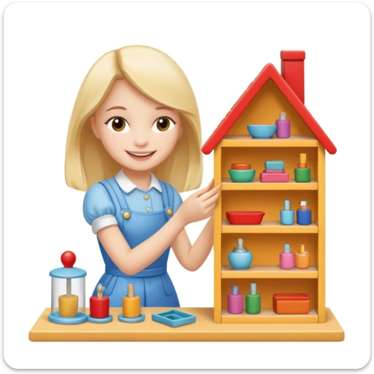 smiling girl arranging furniture in doll house sticker