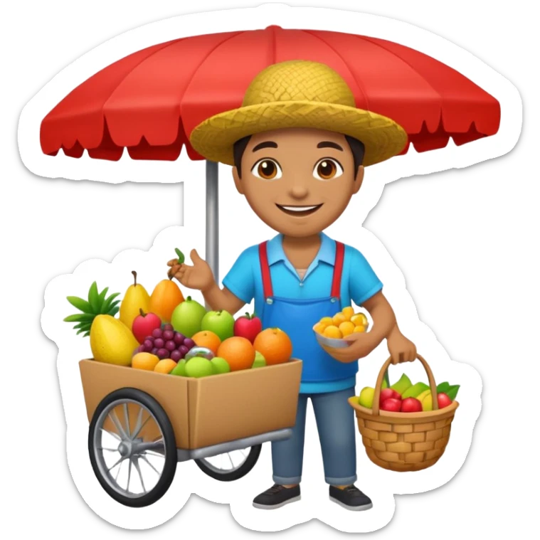 3D emoji illustration of a Peruvian street vendor, selling fruits and snacks on the sidewalk, smiling, urban neighborhood in background, bright colors, cartoon style, bold outlines, glossy sticker, transparent background sticker