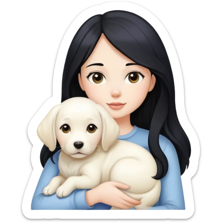 A beautiful girl with long black hair and fair skin is holding a white Labrador sticker