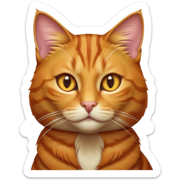 Cinematic Noble Ginger Tabby Cat Portrait Emoji, Poised and regal, with sleek orange-brown fur featuring bold tabby stripes and a distinct M-shaped marking on the forehead, bright amber eyes, Simplified yet sharp and sophisticated features, highly detailed, glowing with a soft, dignified glow, high shine, intelligent and graceful, stylized with an air of elegance, focused and attentive, soft glowing outline, capturing the essence of a watchful and refined feline, so majestic it feels as though it could glide across the screen with effortless confidence! sticker