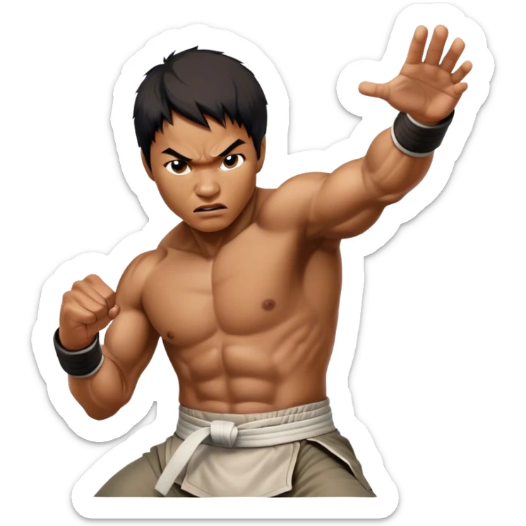 ​Cinematic Realistic Portrait of Tony Jaa, a close-up depiction capturing his intense, determined expression and finely detailed features, rendered with dramatic natural lighting that emphasizes his rugged athleticism and unmistakable martial arts presence, sticker