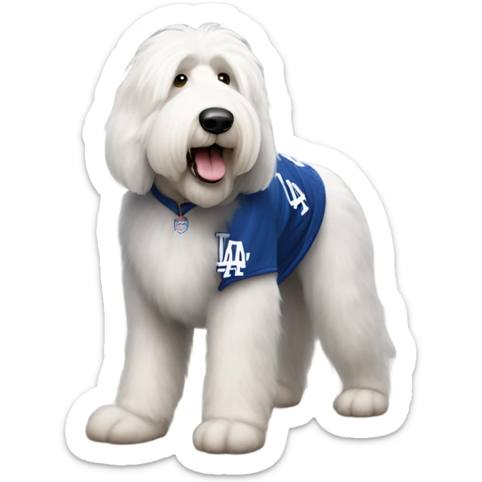 Old English Sheepdog full height wearing a Los Angeles dodgers jersey sticker