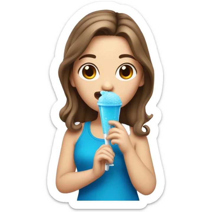 White Girl with brown hair eating a blue slushie with a spoon sticker