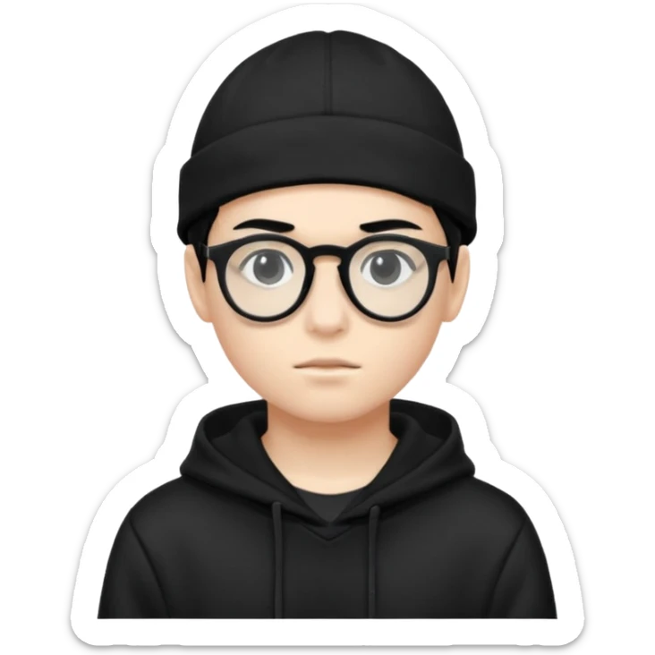 teenage boy (black hair, white skin, black eyes) wearing black glasses (nerd) and hide all his hair under a cap. wearing normal hoodie sticker