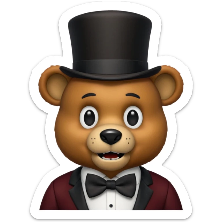 Freddy Fazbear from Five Nights at Freddy's as a cute emoji, brown bear animatronic, black top hat, bow tie, friendly expression, simple background sticker