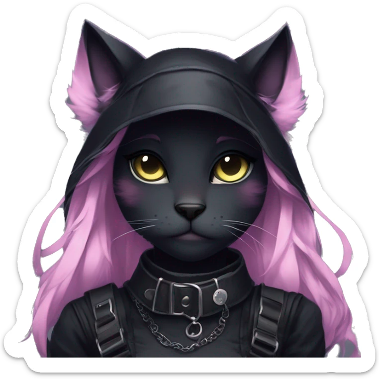 Gorgeous gothic dark techwear anime style anthro black cat furry with blushing face aesthetic and pretty edgy black with collar and harness trending style sticker