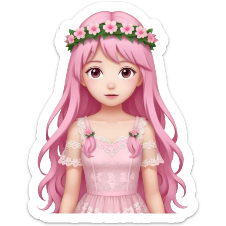 pastel anime woman with pink and white lace dress full body and long hair with flower crown sticker