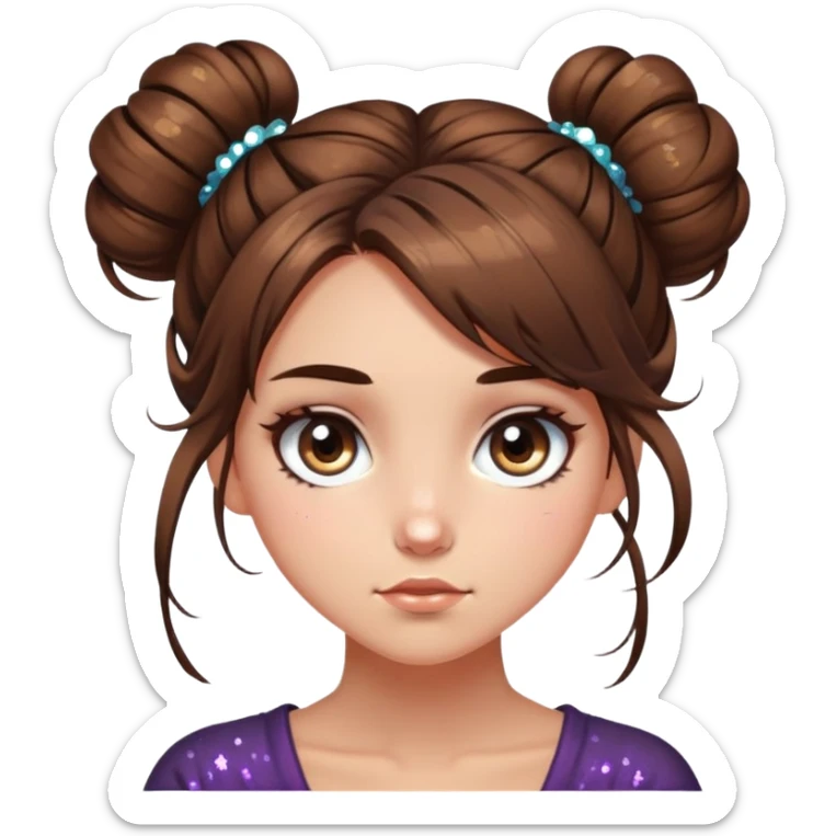 girl with long brown hair with messy bun, chaotic sparkle eyes sticker