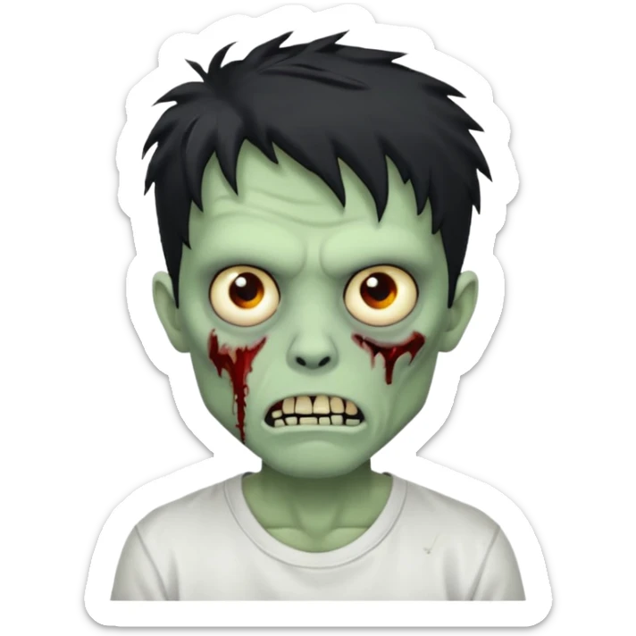 Rosto de frente classico de zombie boca meio torta cabelos medios pretos bagunçados low fade com pele verde clara camiseta branca sticker