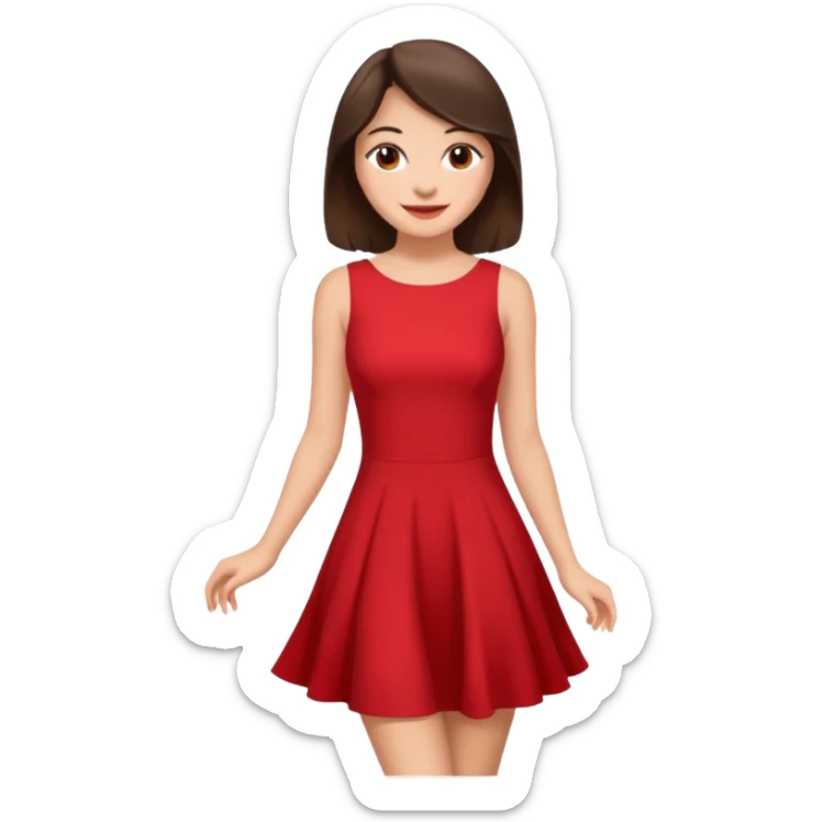 Cartoon emoji of a young brunette woman with fair-medium skin, brown eyes, wearing a red outfit. Full-height, standing confidently in a red dress  posing sexy with a smile and relaxed posture. Smooth, friendly, stylized, make up on, flirty eyes and smile in a sexy position  sticker
