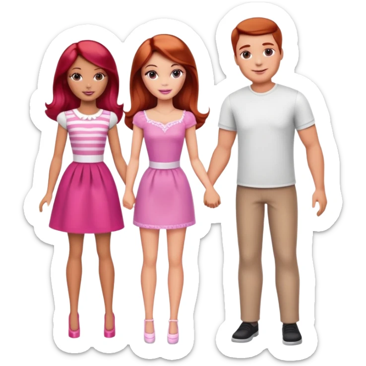 A barbie girl with makeup with brown hair with a child, a daughter, a girl with red hair, holding her hand in  and a husband, a man with brown hair, a family sticker
