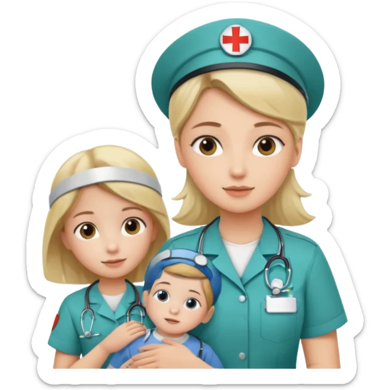 A young medic (woman) attending to a child patient at the local hospital sticker