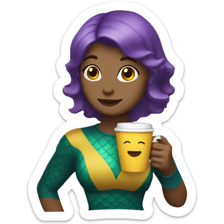 mermaid with short bob haircut, brown hair, holding a cup of coffee in a yellow package and with a purple tail sticker