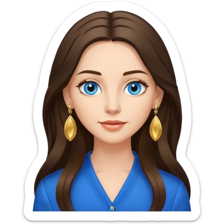 
Create an emoji of a brunette with blue eyes. She should have long hair, stylish clothing, and a friendly facial expression. Add some accessories like earrings or glasses to make the look more interesting. sticker