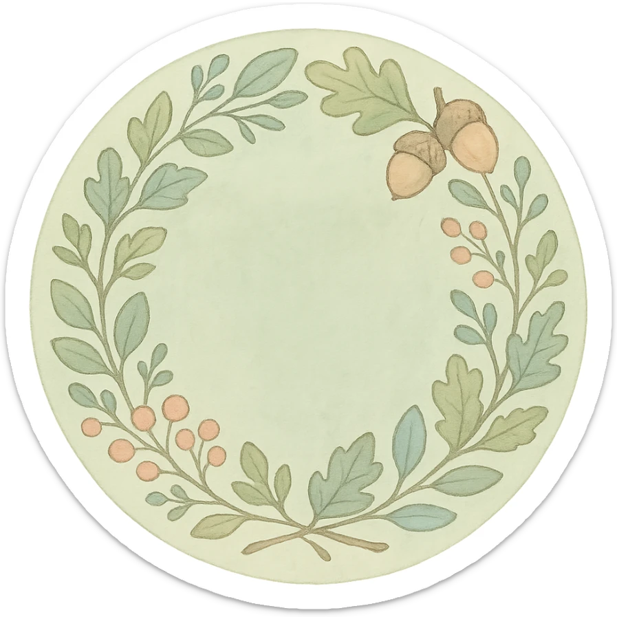 wreath of forest leaves, acorns, and berries in soft pastel Ghibli style, soft green circle sticker, transparent background sticker